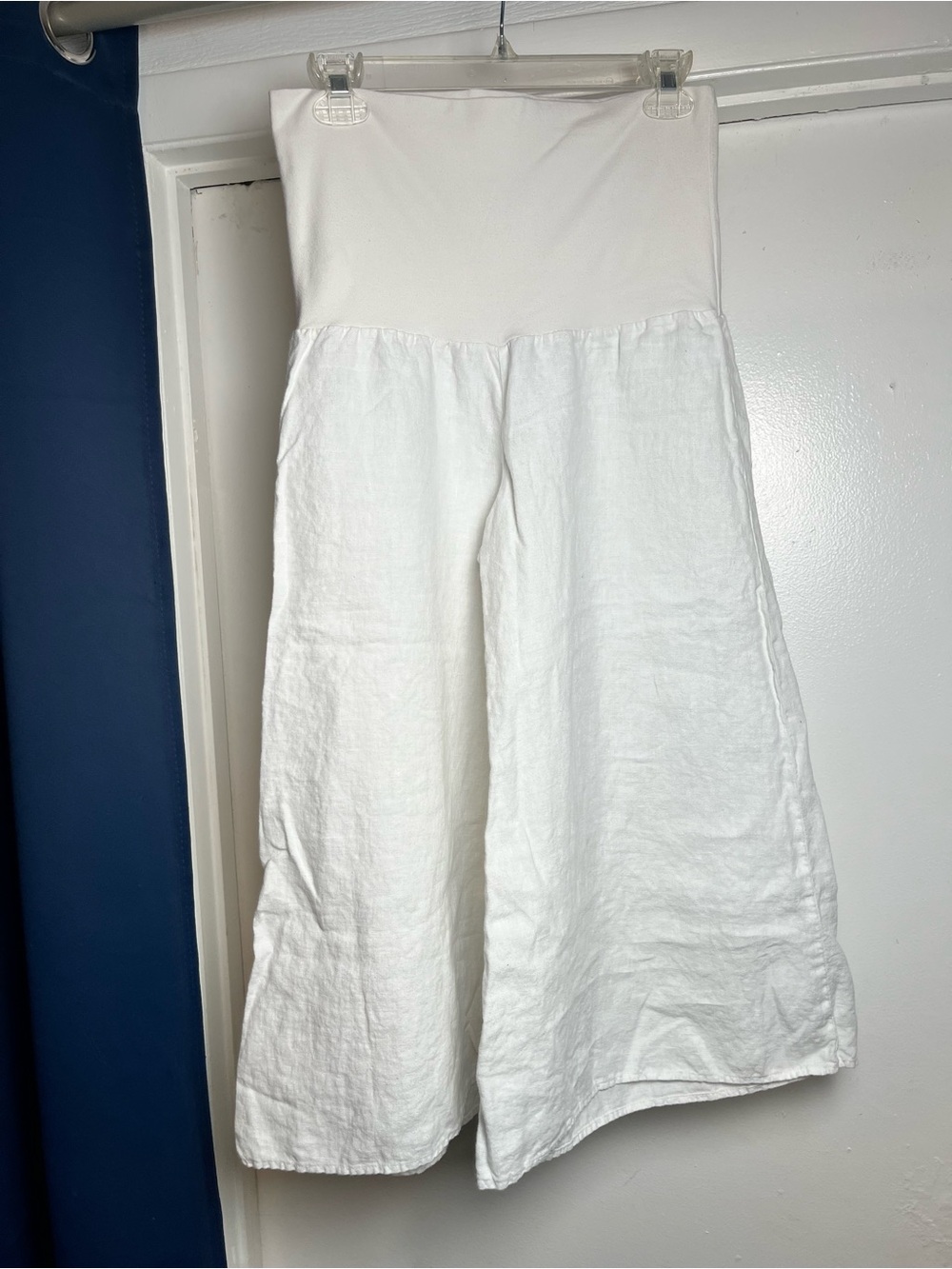 White Wide-Leg Linen Gaucho Capris with Knit Waistband